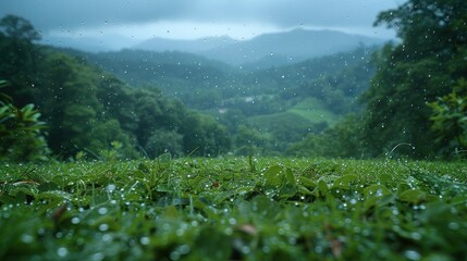 Spring rain, lush green landscape, droplets on leaves, fresh and rejuvenating, overcast sky