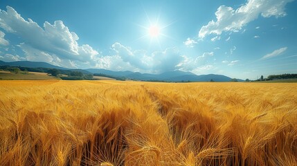 Summer countryside, golden wheat fields, blue sky with puffy clouds, warm and inviting, rural charm