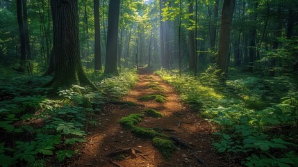  Summer forest trail, sunlight filtering through trees, vibrant green leaves, warm and inviting