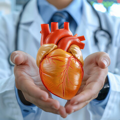 Close up doctor hand holding heart for medical innovation concept.