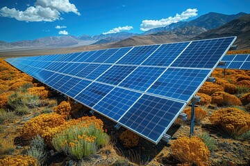 A solar panel array in a desert, capturing the sun energy to provide renewable electricity. 
