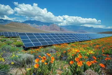 A solar panel array in a desert, capturing the sun energy to provide renewable electricity. 