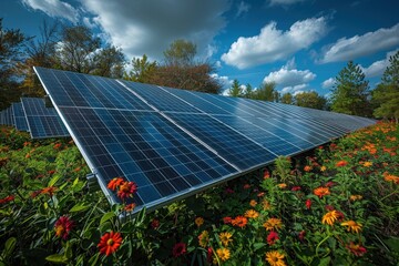 A solar panel array in a desert, capturing the sun energy to provide renewable electricity. 