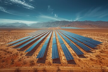 A solar panel array in a desert, capturing the sun energy to provide renewable electricity. 