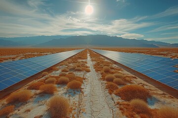 a solar panel array in a desert, capturing the sun energy to provide renewable electricity.
