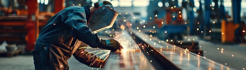 a skilled worker in a metal fabrication factory welding steel beams, sparks flying and industrial ma