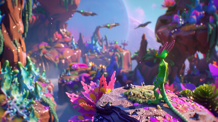 Wall Mural - A 3D animation of a curious alien, bright green skin, inquisitive pose, aerial view, exploring a vibrant alien planet.