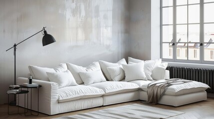 Wall Mural - A white sectional sofa with pillows and a lamp on a table