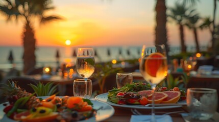 Cozy dinner for a honeymoon couple on an idyllic and private beach at sunset with exquisite food and a spacious photo area, Generative AI.