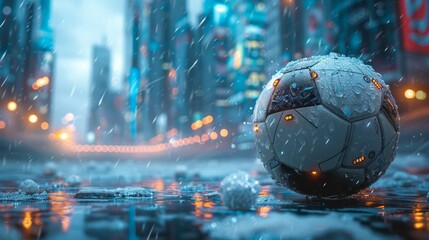 High-Tech Soccer Ball in Rainy Urban Street - Generative AI