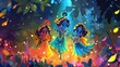 © Viktoriia - Whimsical Illustration of Three Children Dressed as Krishna Playing Flute and Dancing in a Magical Forest During Janmashtami Celebration