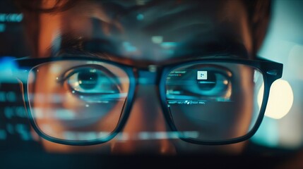 Wall Mural - A man with glasses looking at a computer screen.