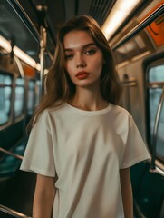 Wall Mural - A woman in white t - shirt standing on a train.