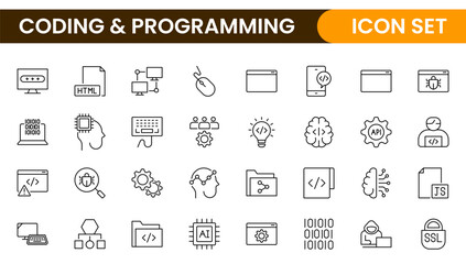 Programming coding set of web icons in line style. Software development icons for web and mobile app. Code, api, programmer, developer, information technology, coder and more.
