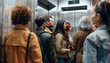 © Oleksiy - Group of people waiting in line for elevator while woman pressing call button