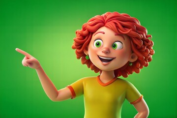 Wall Mural - A beautiful red-haired, freckled, curly smiling girl on a green background shows with her hand.