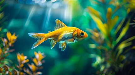 Wall Mural - A goldfish swimming in an aquarium with plants.