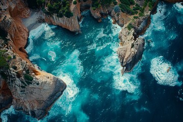 Wall Mural - Aerial view of a rocky coastline with blue water.