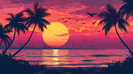 Poster - Sunset over Tropical Beach with Palm Trees