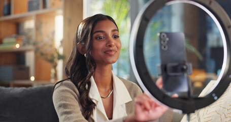 Poster - Indian woman, influencer and home with smartphone for social media, online vlog and live streaming. Gen z, content creator and podcast as university student for educational talk and motivation