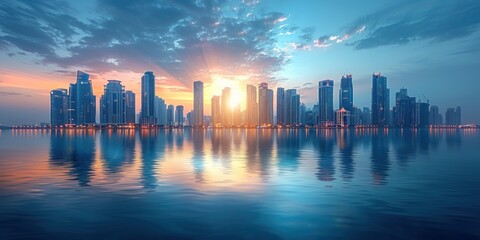 Wall Mural - Cityscape with a Golden Sunrise and Reflections