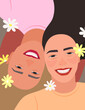 © olhatszrv - Girlfriends are smiling, decorated with daisies. Happy Friendship Day greeting illustration.