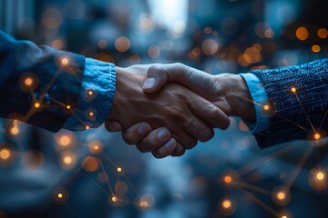 Close-up of a handshake between two business professionals, symbolizing connection and agreement with a network of glowing lights in the background.