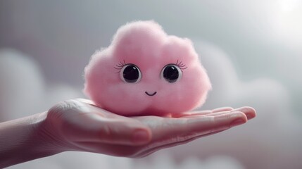 Sticker - A hand holding a pink cloud with big eyes