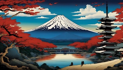 Wall Mural - マットな質感の紅葉時期の富士山のイラスト