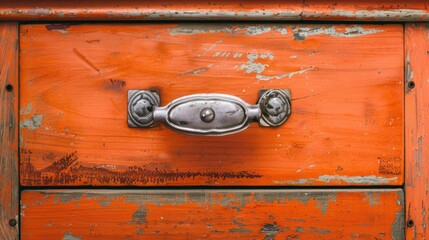 Wall Mural - Old silver aluminum handle on orange wooden drawer with copy space in vintage wood cabinet