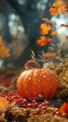 Wall Mural - A small orange pumpkin sitting on top of a pile of hay