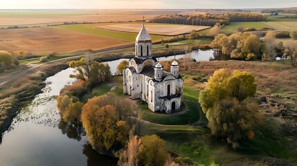 Wall Mural - Aerial View of a Church by a River