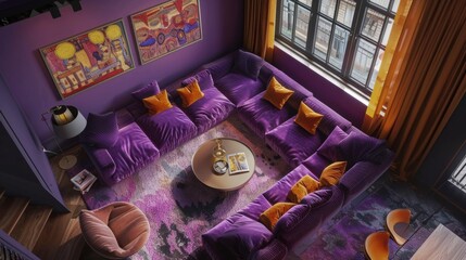 A living room with a purple couch and a coffee table