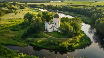 Wall Mural - Aerial View of a Church by a River