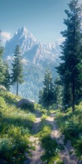  A scenic mountain path winds through a vibrant forest with wildflowers, leading to snow-capped peaks under a clear blue sky.