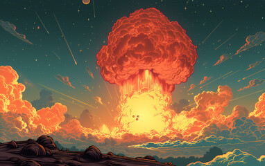 Wall Mural - nuclear blast mushroom cloud 2d vector art