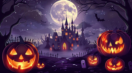 Wall Mural - Halloween vector illustration. Scary cemetery, graves, tomb stones, night sky, Dracula's castle, black crow, flock of bats, creepy pumpkins, Halloween scene, template for greeting card.