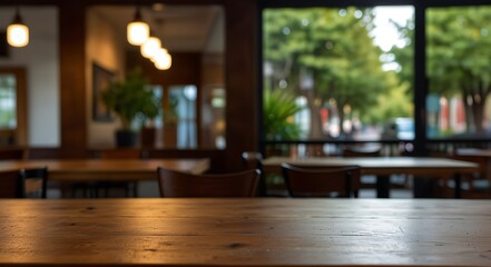 Wall Mural - empty wooden table top with Restaurand Background for product display