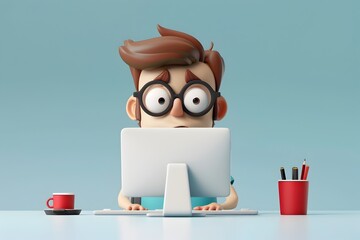 grumpy 3d cartoon programmer sitting at desk with computer in office workspace