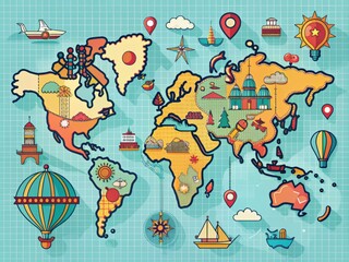  Colorful infographic featuring a stylized world map, icons, and whimsical illustrations providing essential travel tips and insights for adventure seekers and globetrotters.