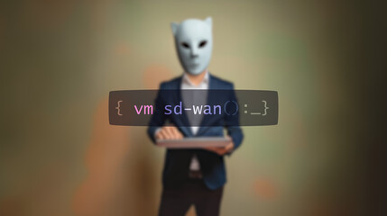 Wall Mural - Cybersecurity concept vm sd-wan on foreground screen, hacker silhouette hidden with low poly style mask. Vulnerability and attack on colored code editor. Text in English, English text