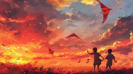 Children gleefully fly kites against a vibrant sunset, symbolizing the joy and innocence of youth.