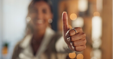 Poster - Girl, thumbs up and happy for good news, positive feedback or successful application in home. Hand gesture, female person and excited with yes for job offer, new hire or support for business or work