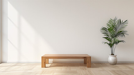 Wall Mural - An image featuring a bamboo square table set against a white wall. The arrangement is minimalist and centered, providing a spacious and clean area for product presentation.