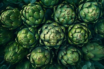 A pile of green artichokes shaped like the letter, viewed from above in closeup, with a macro lens highlighting the texture in bright colors against a fresh, vibrant background in a symmetrical compos