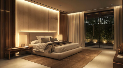 Interior of a modern bedroom with a large bed, ambient lighting and panoramic windows, modern design concept