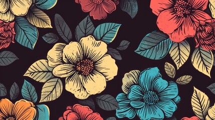 A colorful floral pattern is drawn on a black background. The flowers are arranged in a way that creates a sense of movement and depth. The colors are bright and cheerful, giving the image a lively