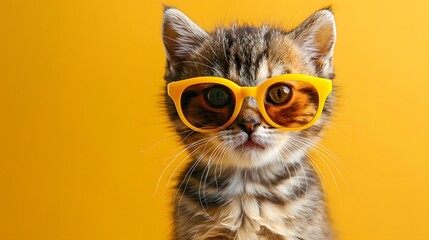 Wall Mural - Adorable tabby kitten wearing yellow sunglasses against a vibrant orange background. Perfect for playful and creative cat-themed projects.