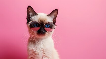 Wall Mural - Cute Siamese kitten with glasses posing against a pink background, capturing a blend of elegance, style, and playfulness in a vibrant portrait.