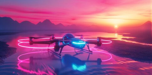 Wall Mural - A futuristic drone hovering over a glowing neon landscape at sunset, capturing a scene of advanced technology and vibrant colors in a futuristic setting.